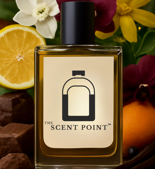 Perfume bottle with 'The Scent Point' logo surrounded by flowers and fruits